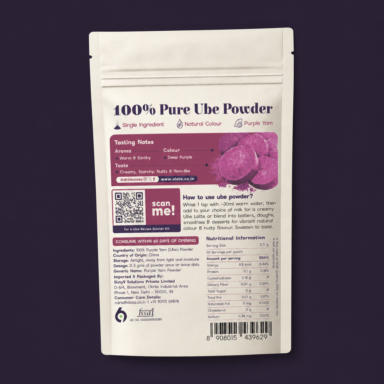 Back of the Alata Ube Powder pack showing tasting notes, usage and nutritional information